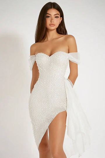 Sparkly White Bodycon Off the Shoulder Graduation Dress